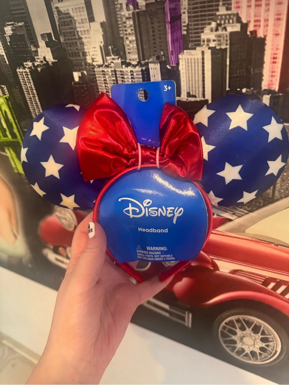 Disney Patriotic Minnie Ear Headband with Red Bow and Navy Star Ears